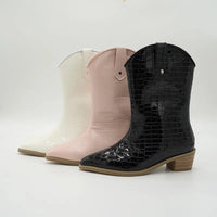 MOF Kids Leather Cowboy Boots for Fall and Winter Pointed Toe Square Heel and Mid-Calf Length