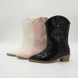 MOF Kids Leather Cowboy Boots for Fall and Winter Pointed Toe Square Heel and Mid-Calf Length