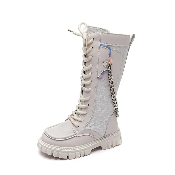MOF Kids Fashion Knight Boots for Spring and Autumn Breathable Stylish and Chain-Decorated