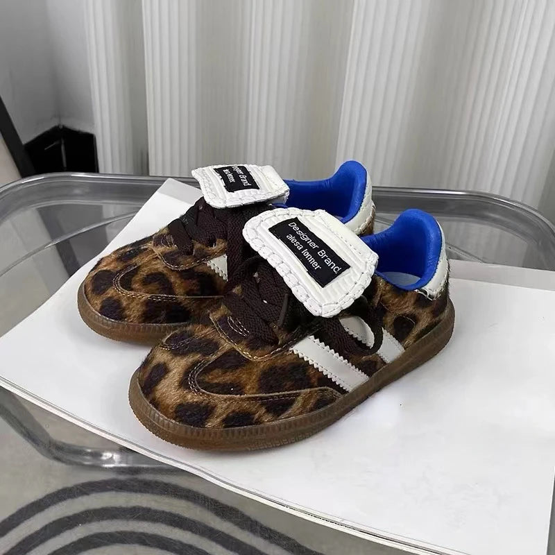 MOF Kids leopard print horse hair silver & black leather sneakers